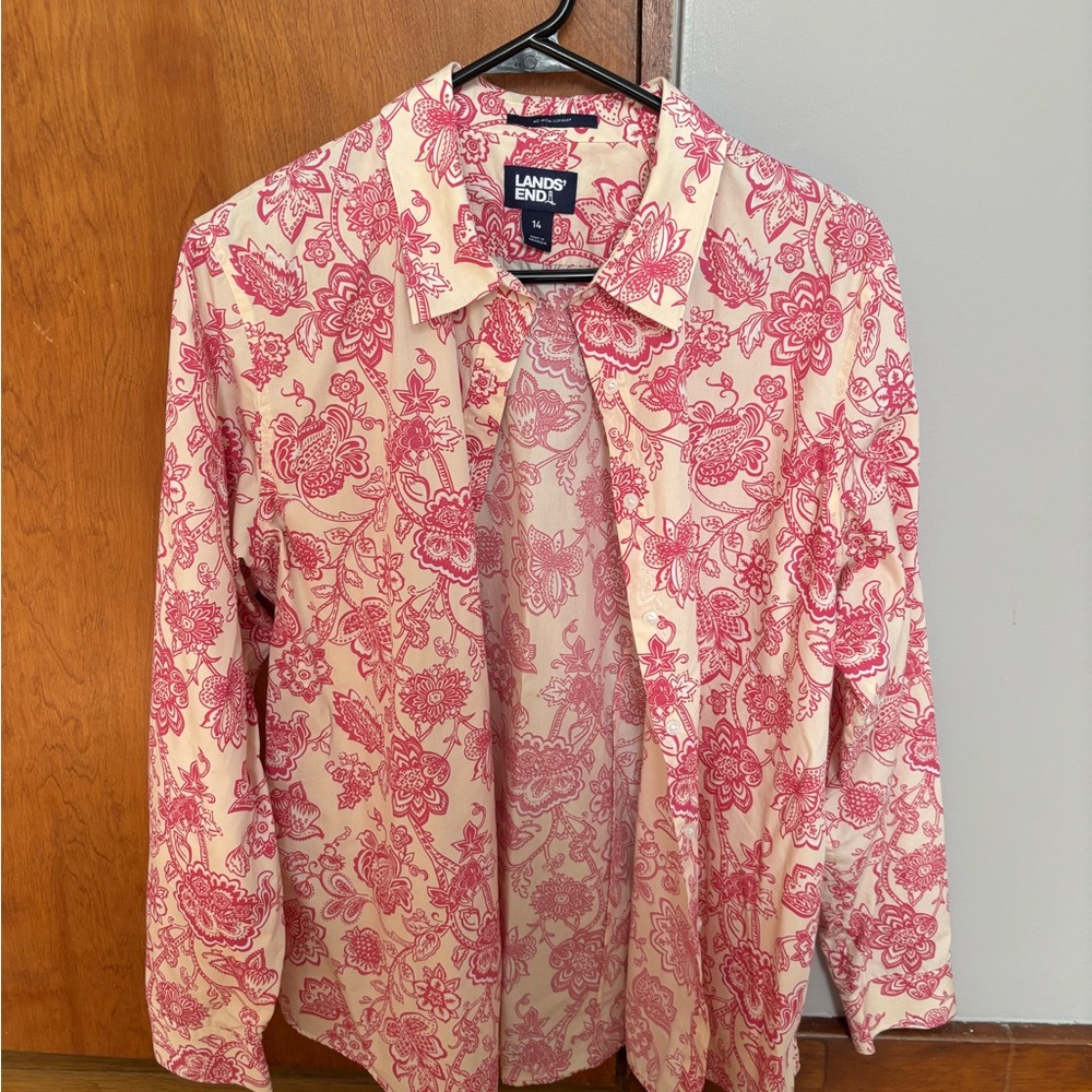Lands' End Cream Shirt with Pink Floral Print